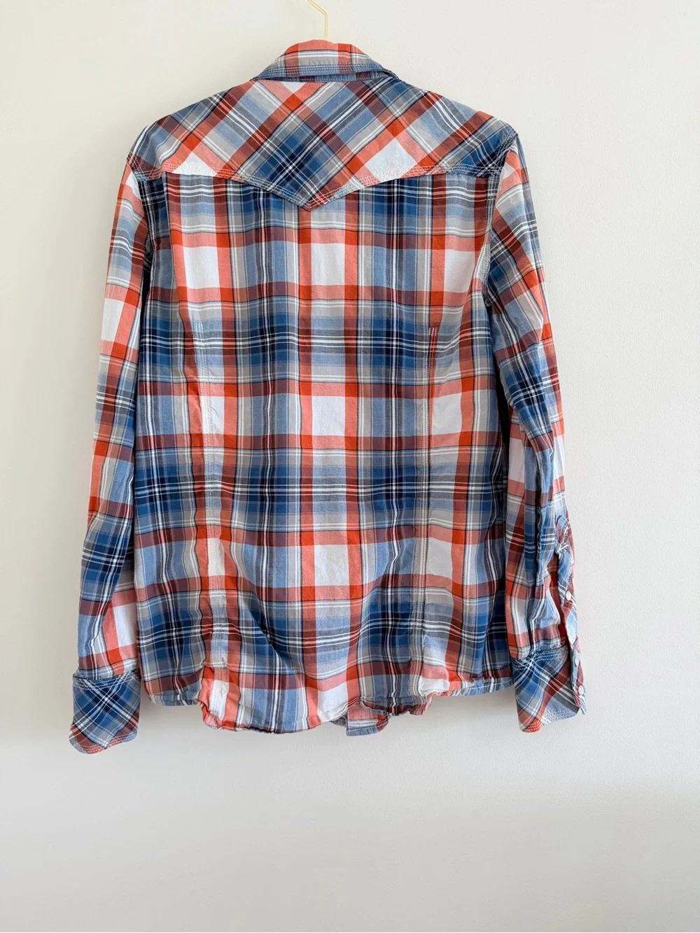True Religion Men’s Orange and Blue Plaid Button Down Shirt
